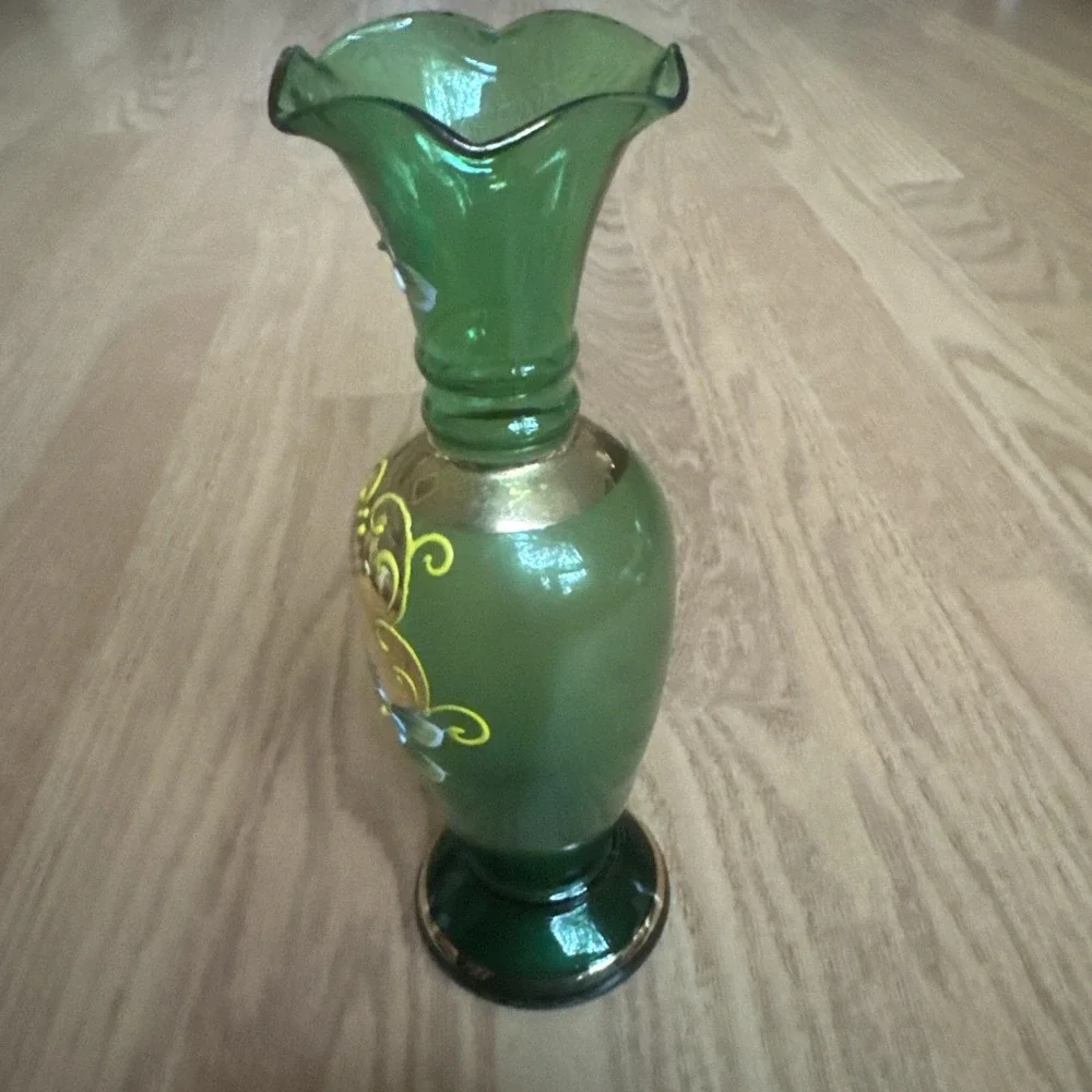 Enesco Bohemian Glass Vase Hand Painted Enamel Flowers Gilded 8 Inches VTG 1960s